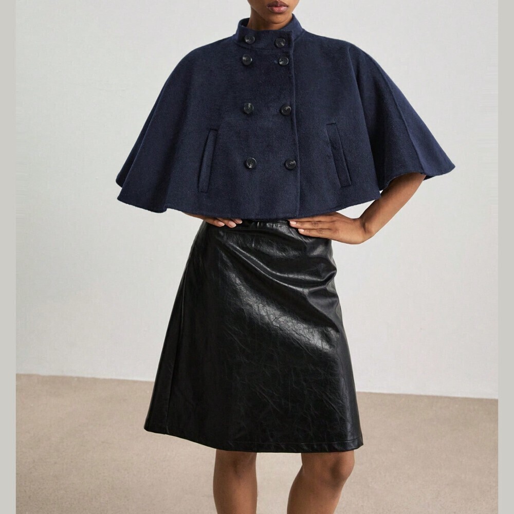 Navy Brushed Twill Double Breasted Cape Cropped Coat
